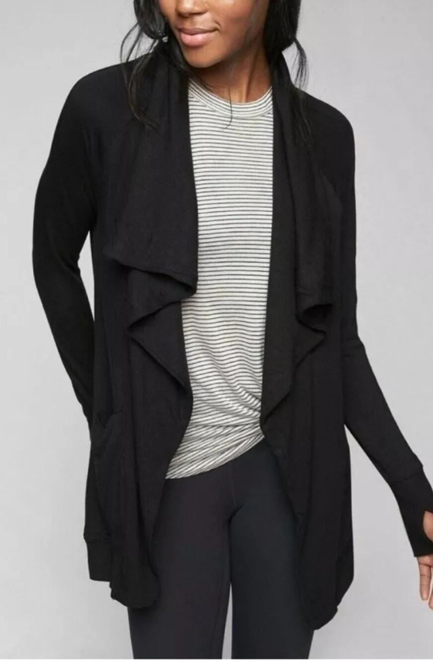 Athleta Studio Wrap Cardigan XS Black Modal Open Front Yoga Layer